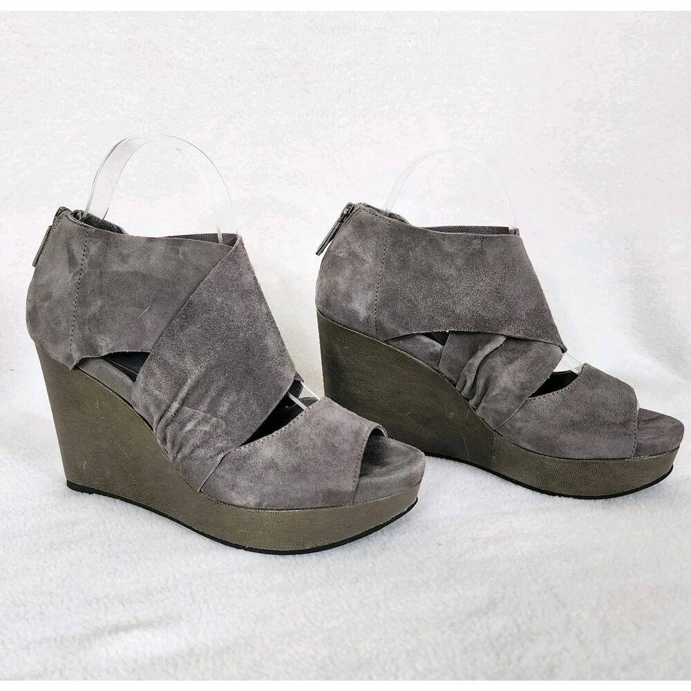 Eileen Fisher Suede Platform Wedge Shoes High Sandals Heels Gray Wrap 4" Size 7